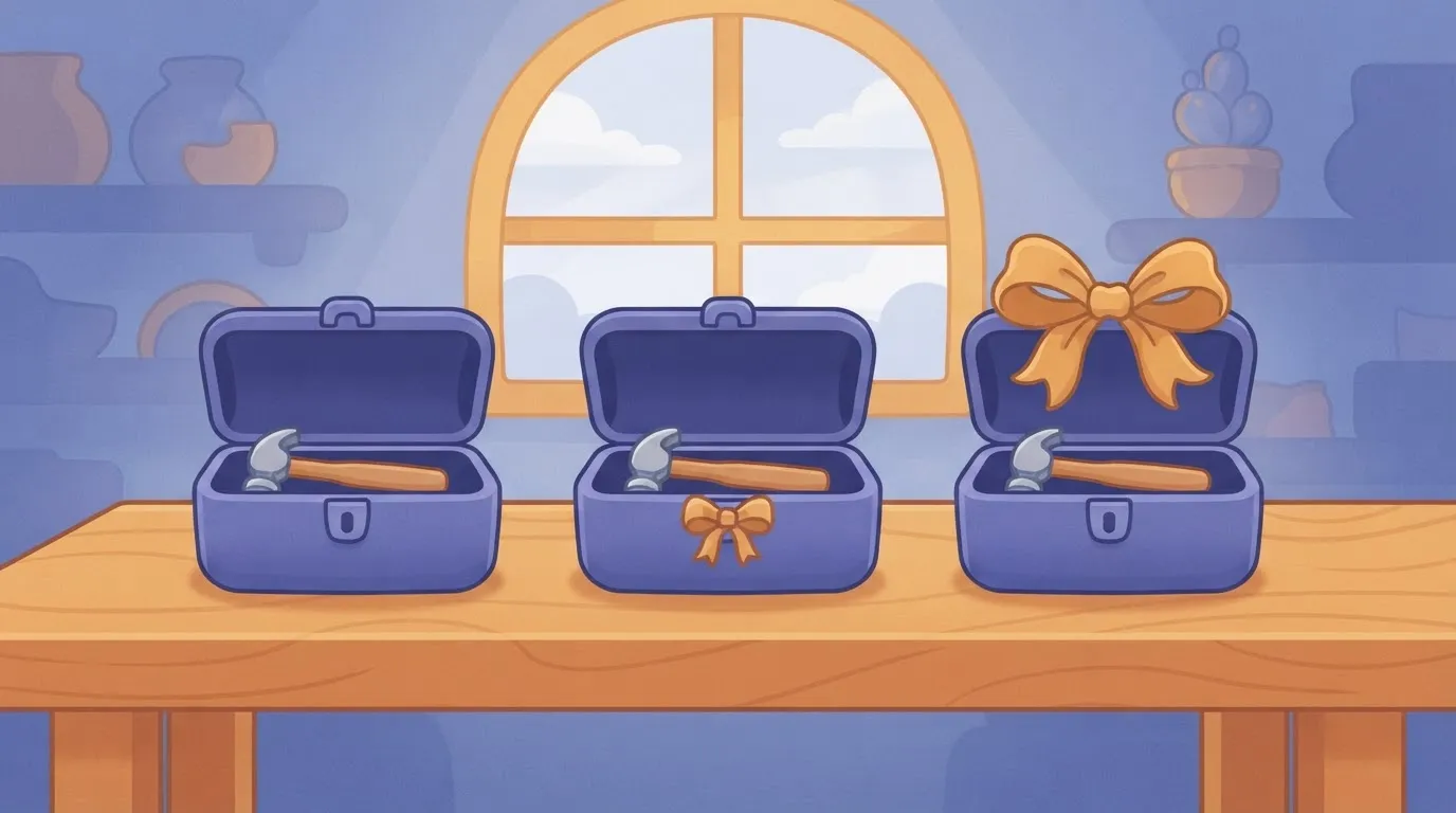 Three identical toolboxes with increasingly large ribbons