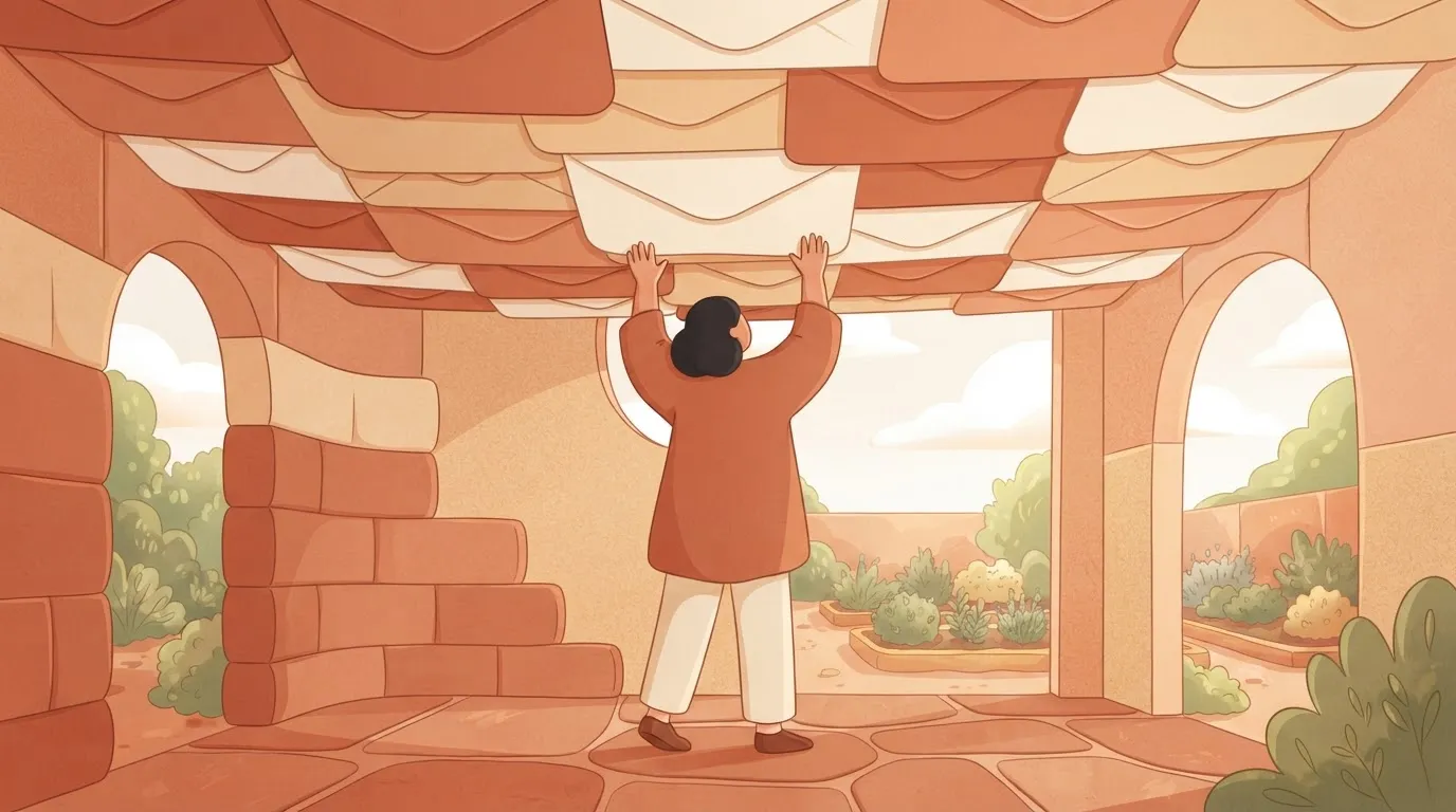 A person standing in a room where the ceiling is constructed of large, overlapping envelopes.