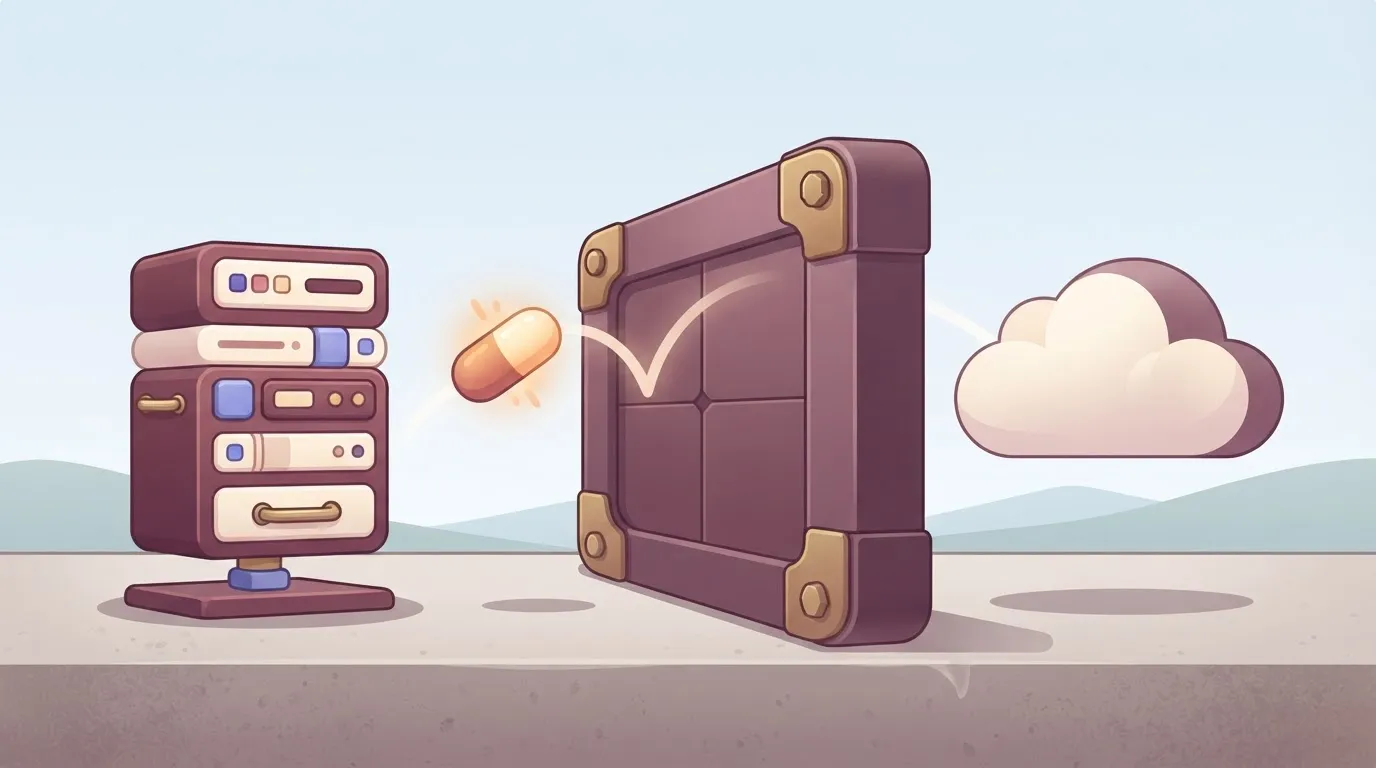 A large, thick metal firewall barrier standing between a server rack and a cloud icon, with a data packet bouncing off the…