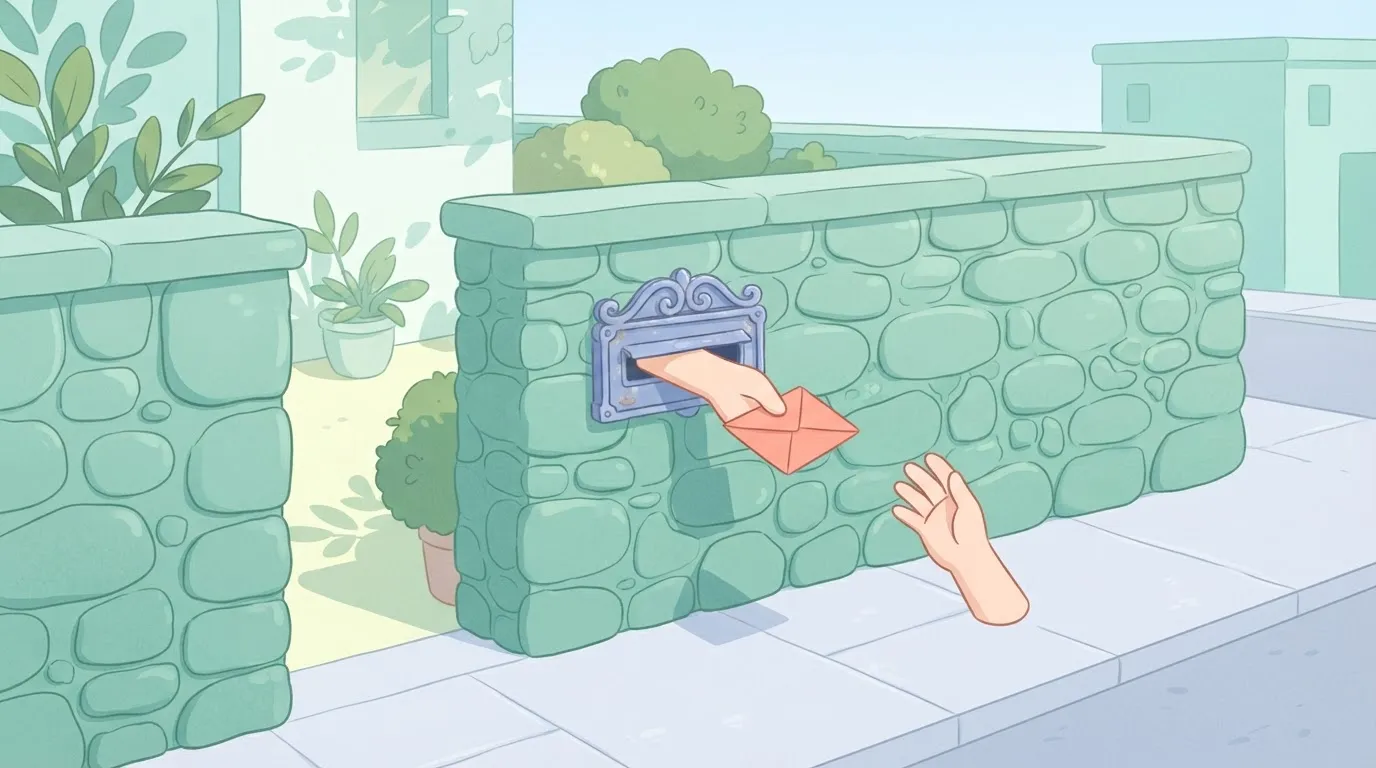 A heavy stone wall with a small, ornate mail slot.