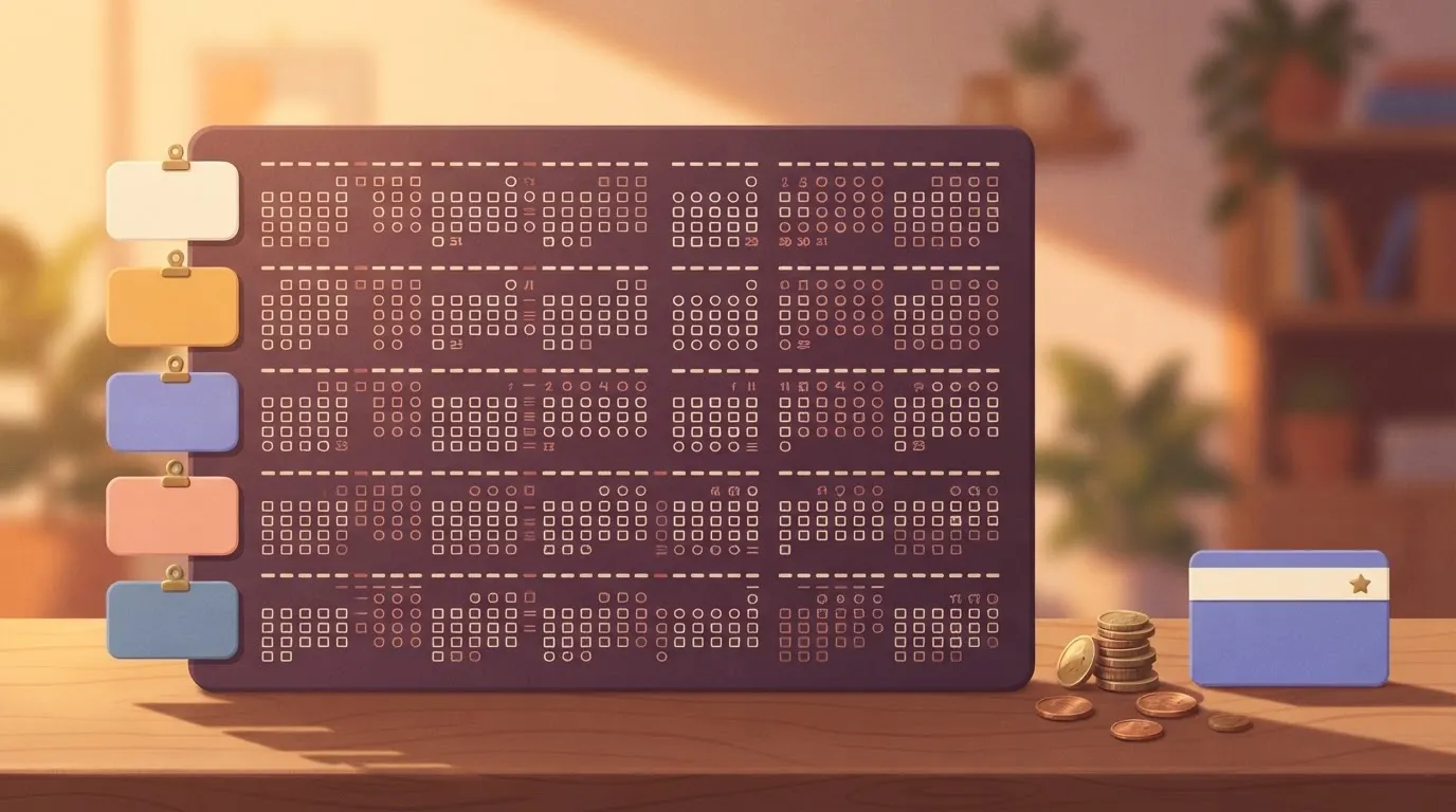 Mostly empty yearly calendar with few search slips and a small pile of coins