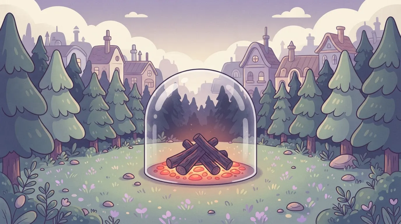 A small, glowing campfire in the middle of a dark forest.