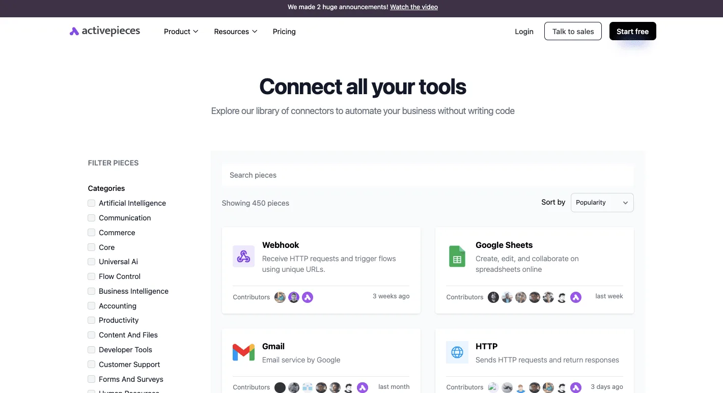 Activepieces connectors library showing integration pieces for workflow automation