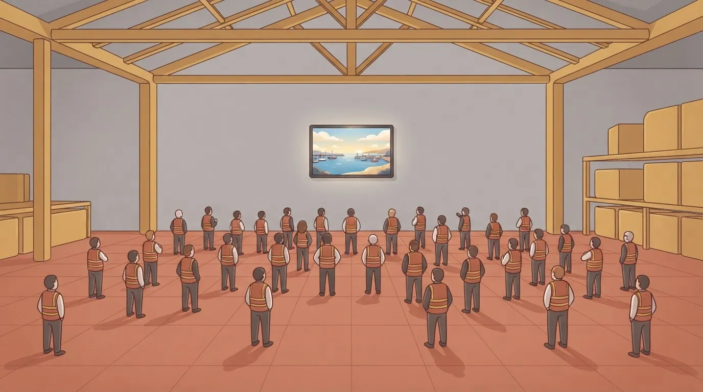 A wide warehouse floor showing forty workers in high-visibility vests standing completely still with their hands in their…