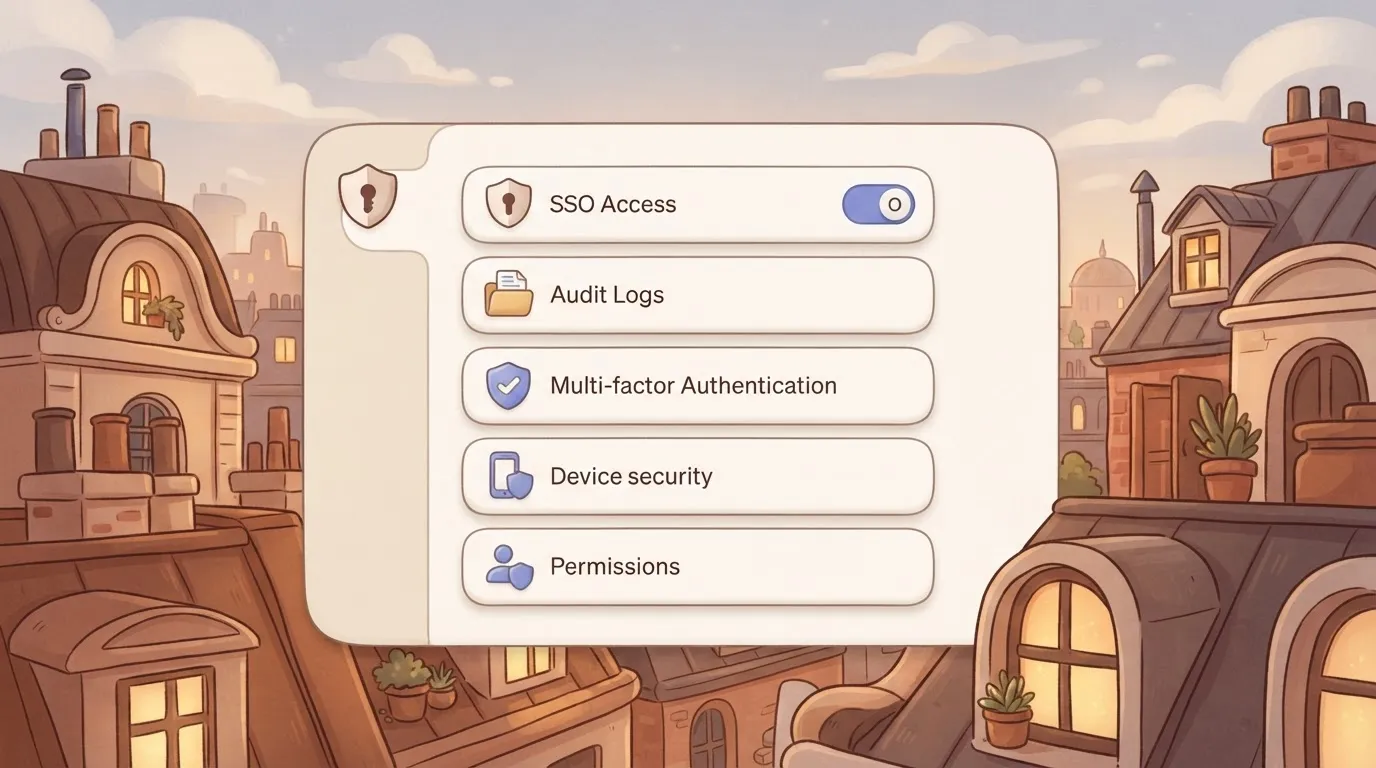 A digital dashboard interface displaying a list of security settings including a toggle for SSO and a small folder icon…