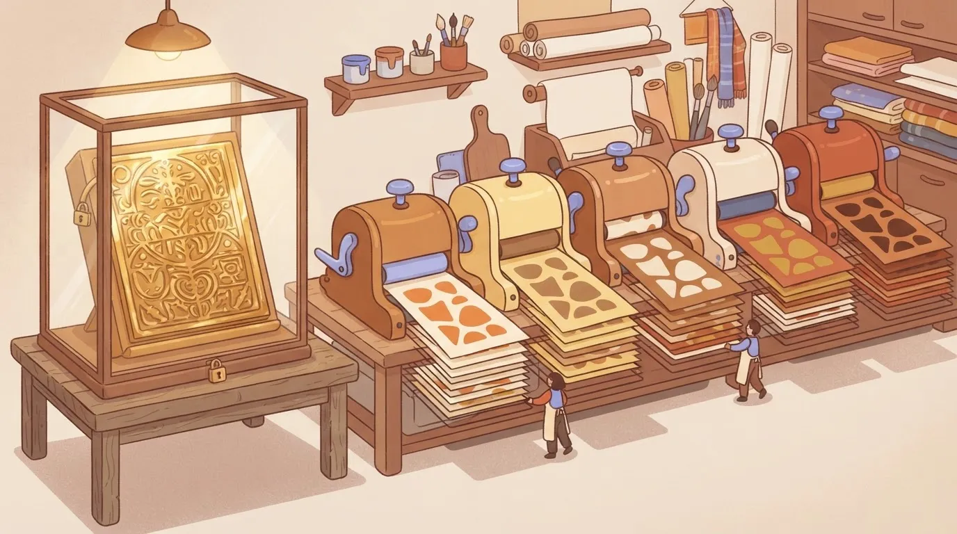A master printing plate (the Golden Version) locked in a glass case, while a row of smaller, identical printing presses…