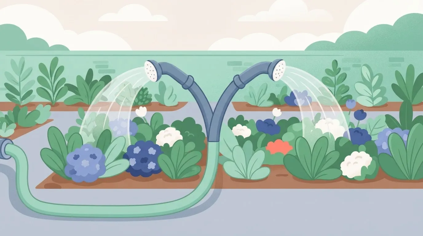 A single, thick garden hose splitting into two identical nozzles to water one large, wide flowerbed.