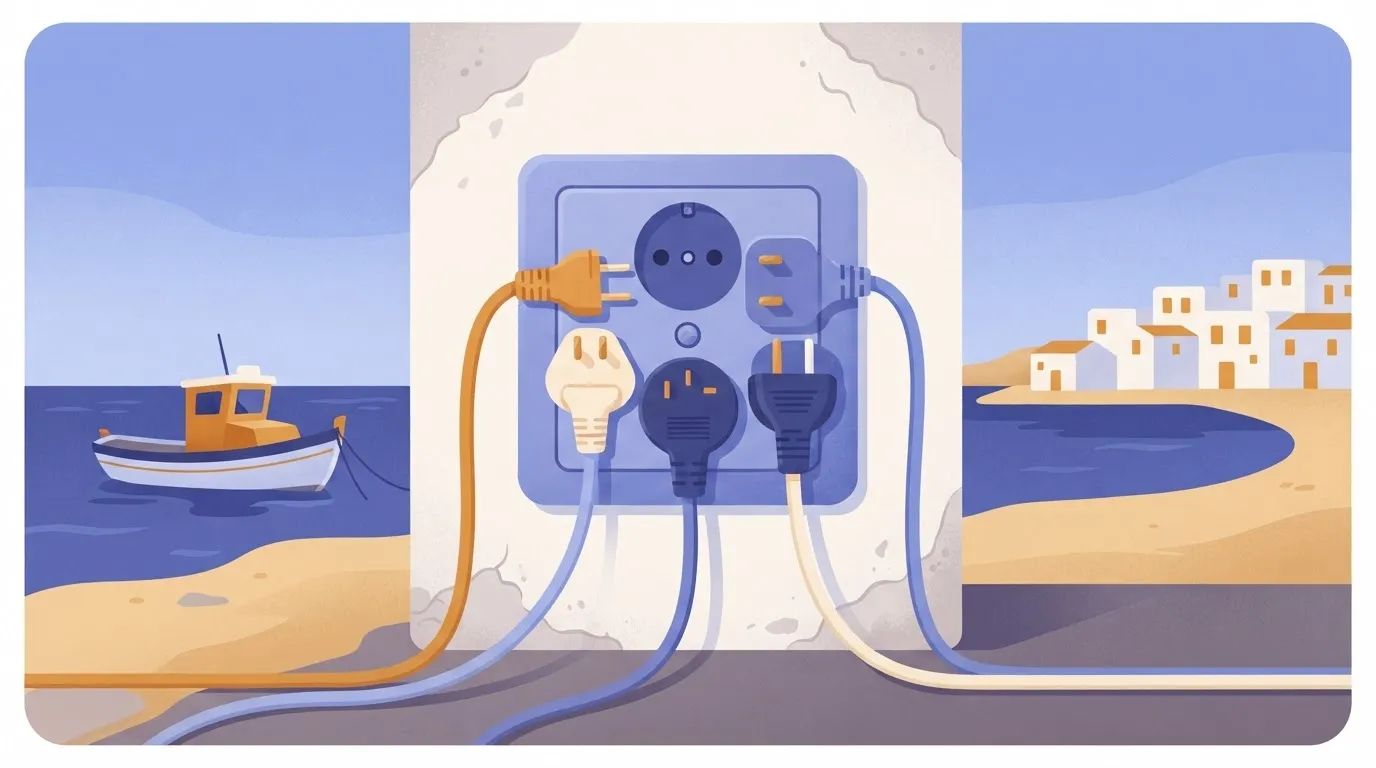 A series of plugs from different countries all fitting perfectly into a single, standard wall outlet simultaneously.