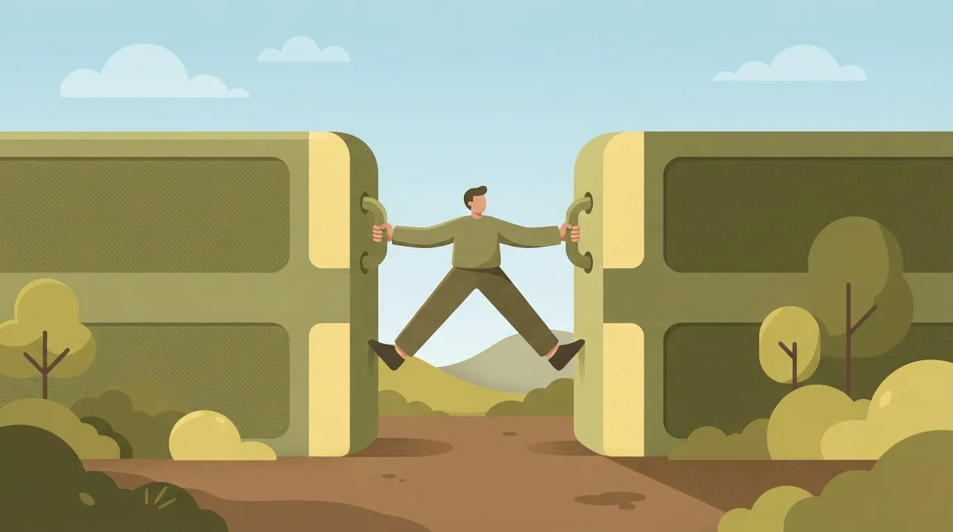 A person standing between two high walls, reaching out to hold two handles—one on each wall—effectively acting as a human…