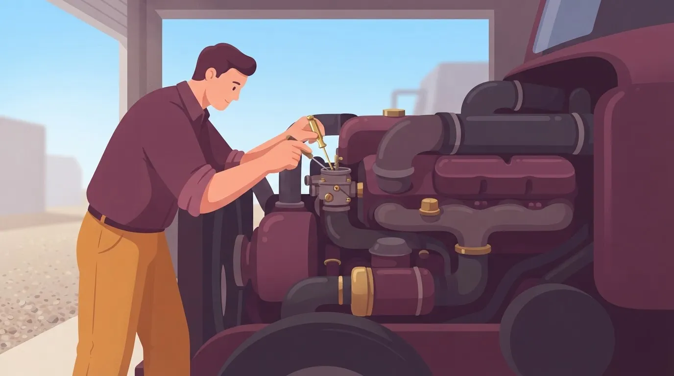 A mechanic working on a massive truck engine, but instead of using a full set of heavy industrial tools, they are using a…