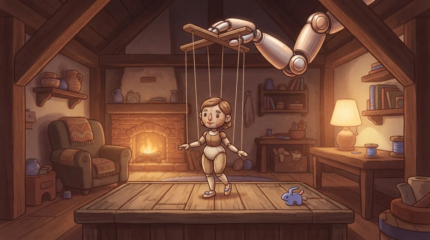 A marionette puppet on a stage; the puppet's body is detailed and lifelike (the UI), but its strings lead upward to a…