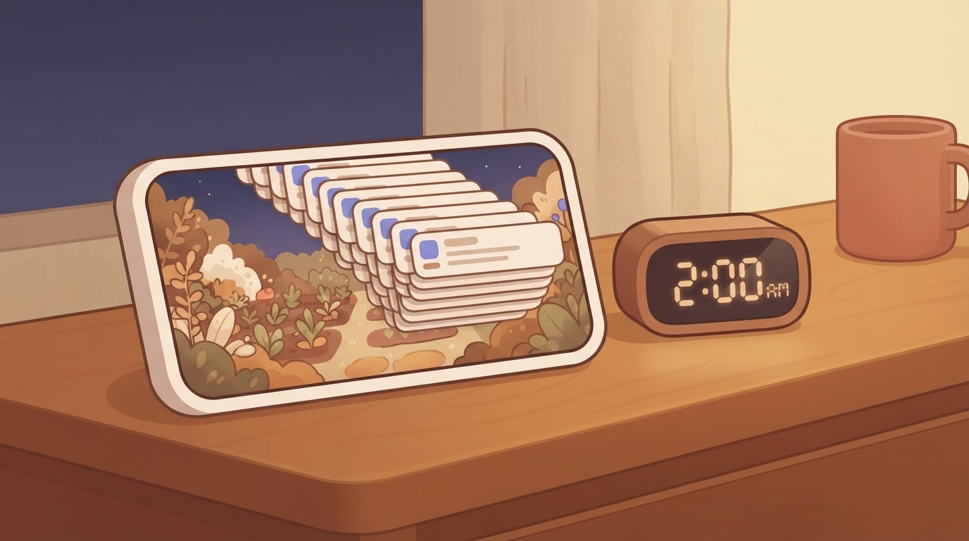 A smartphone screen lying on a nightstand shows a dense stack of identical notification banners overlapping each other.