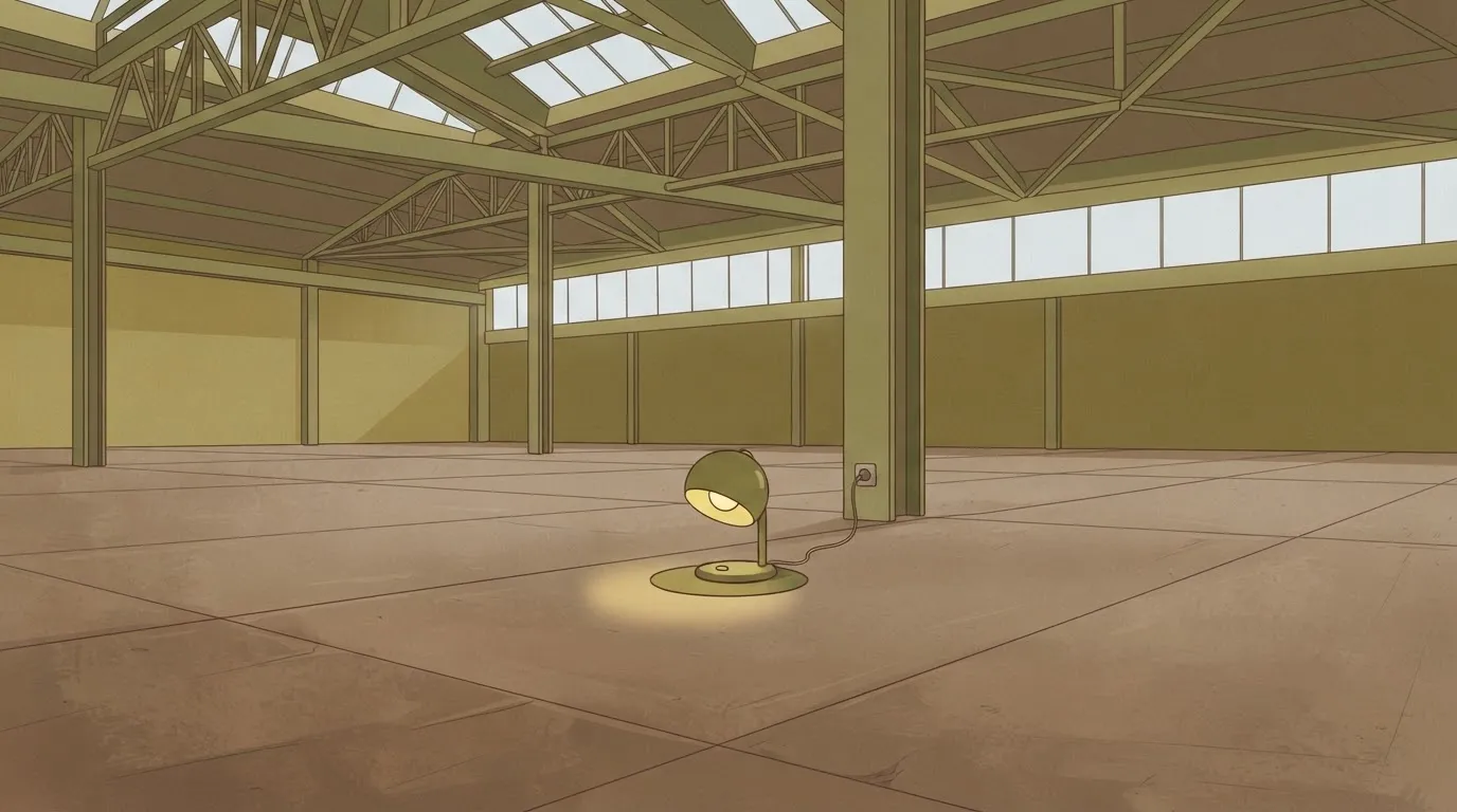 A large, empty warehouse floor where a single, tiny desk lamp is plugged in and glowing in the center.