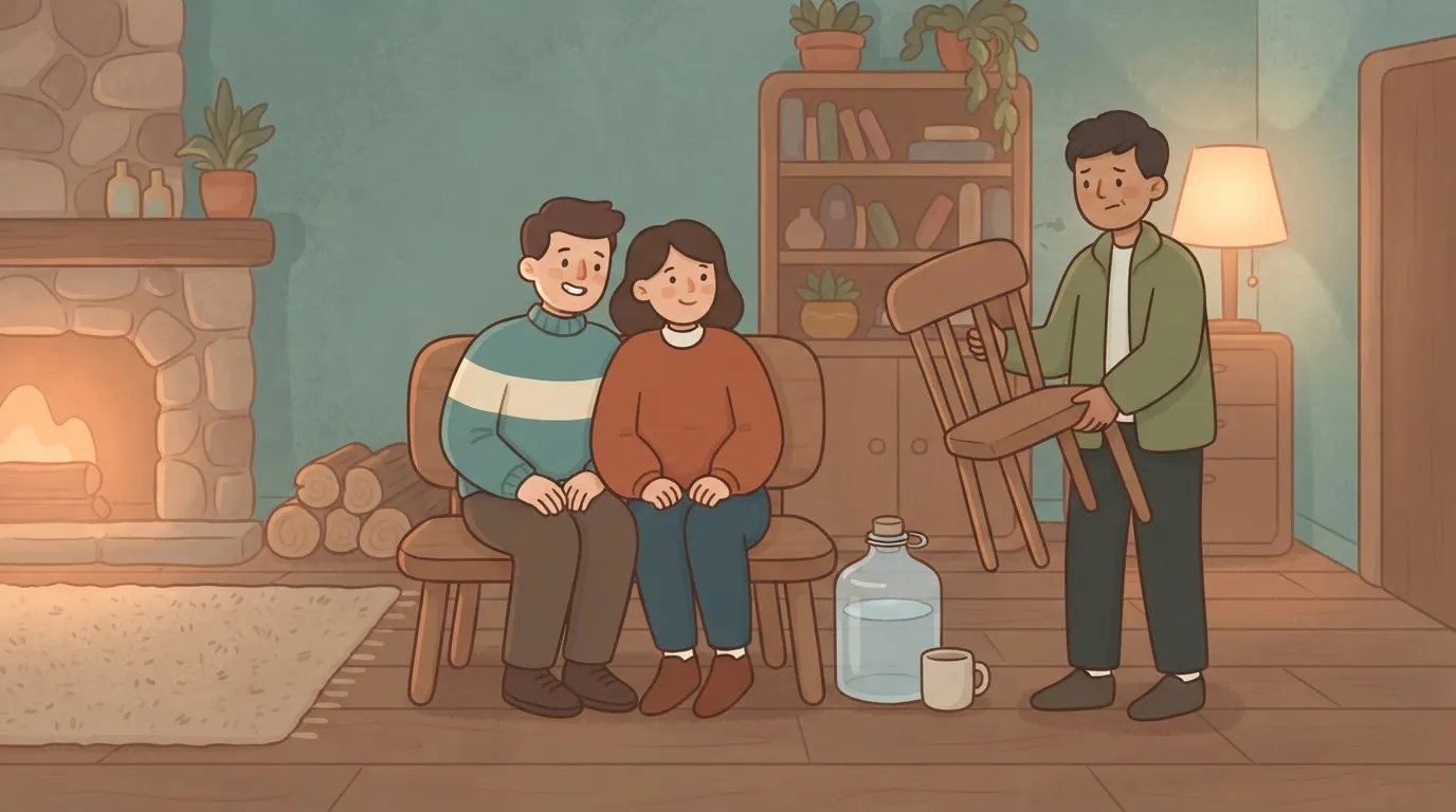 Three people, a two-seat bench, a full jug