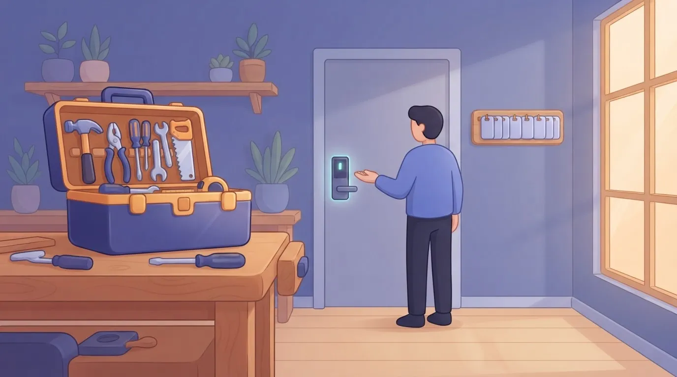 Person at card-locked door, cards unused on wall