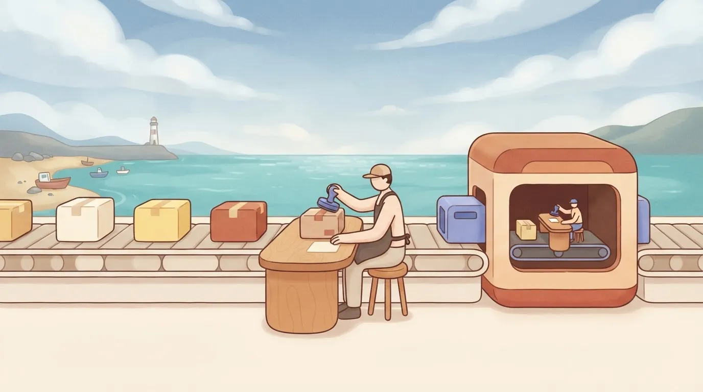 A paused conveyor belt with a person at a desk beside it