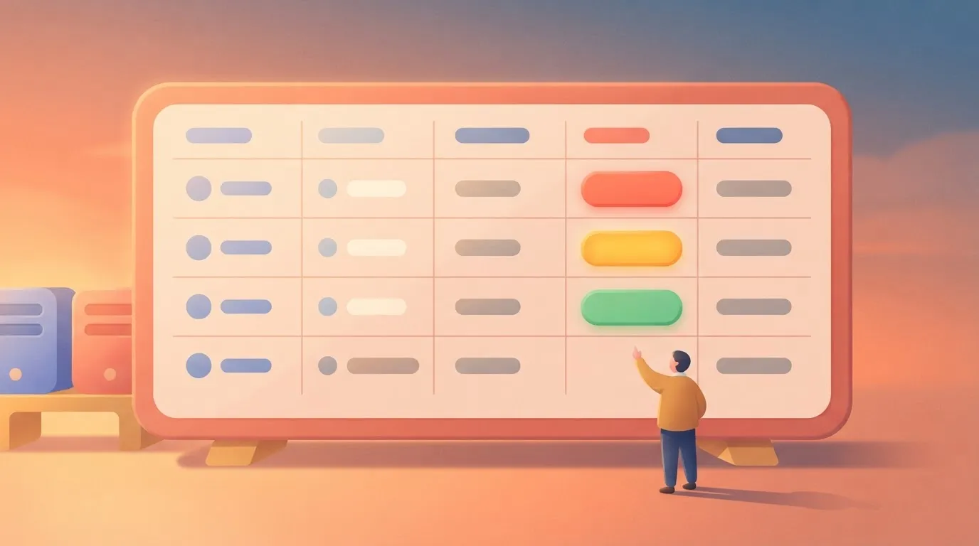 A digital board displaying a grid of rows and columns, where one column contains three bright color-coded status labels in…