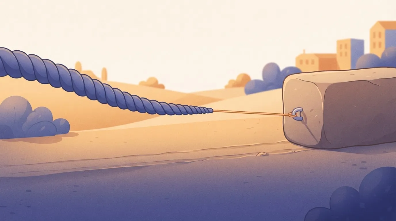 A very long, thick rope that tapers down at the end into a thin thread.