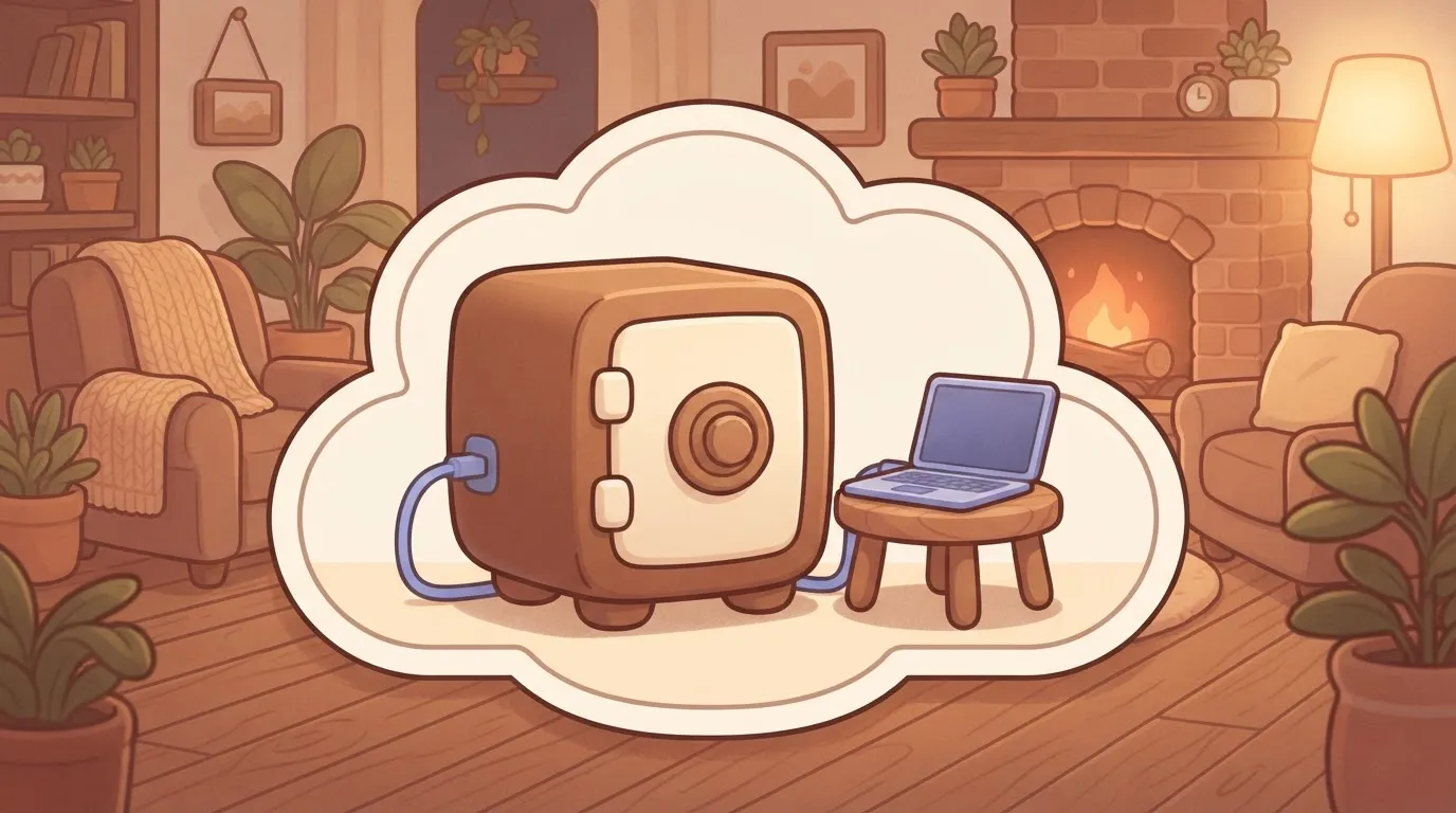 A large, heavy-duty safe sitting inside a cloud-shaped outline; a power cable runs out of the safe to a nearby laptop, but…