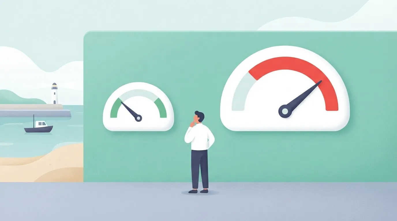 Two gauges, one calm, one maxed, person watching the calm one.