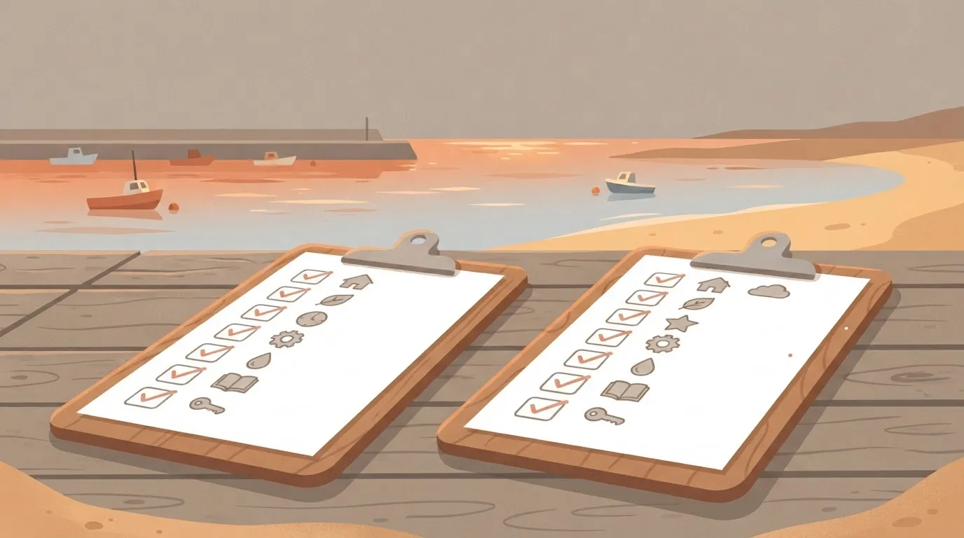 Two feature checklists on clipboards laid side by side, the same length, with every tick in the same place.