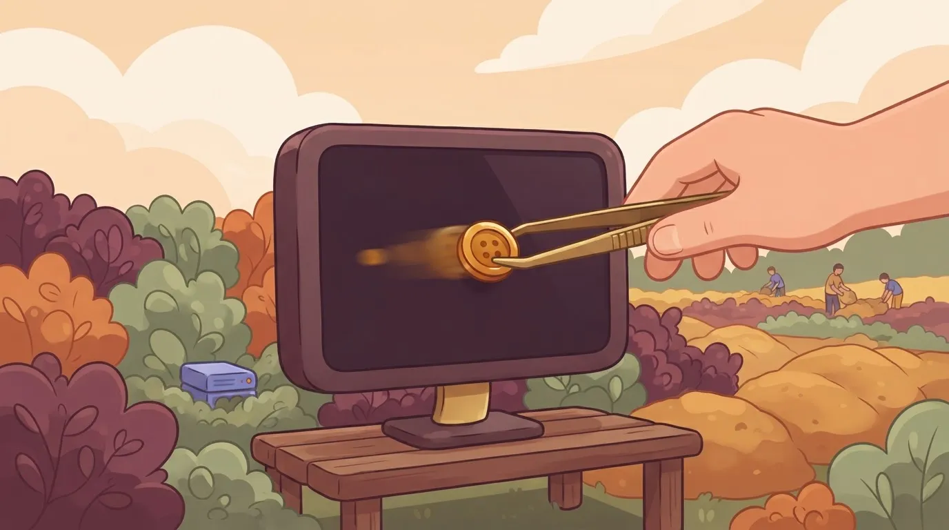 A hand with a pair of tweezers attempts to pick up a single button on a screen, but the button is sliding away toward the…