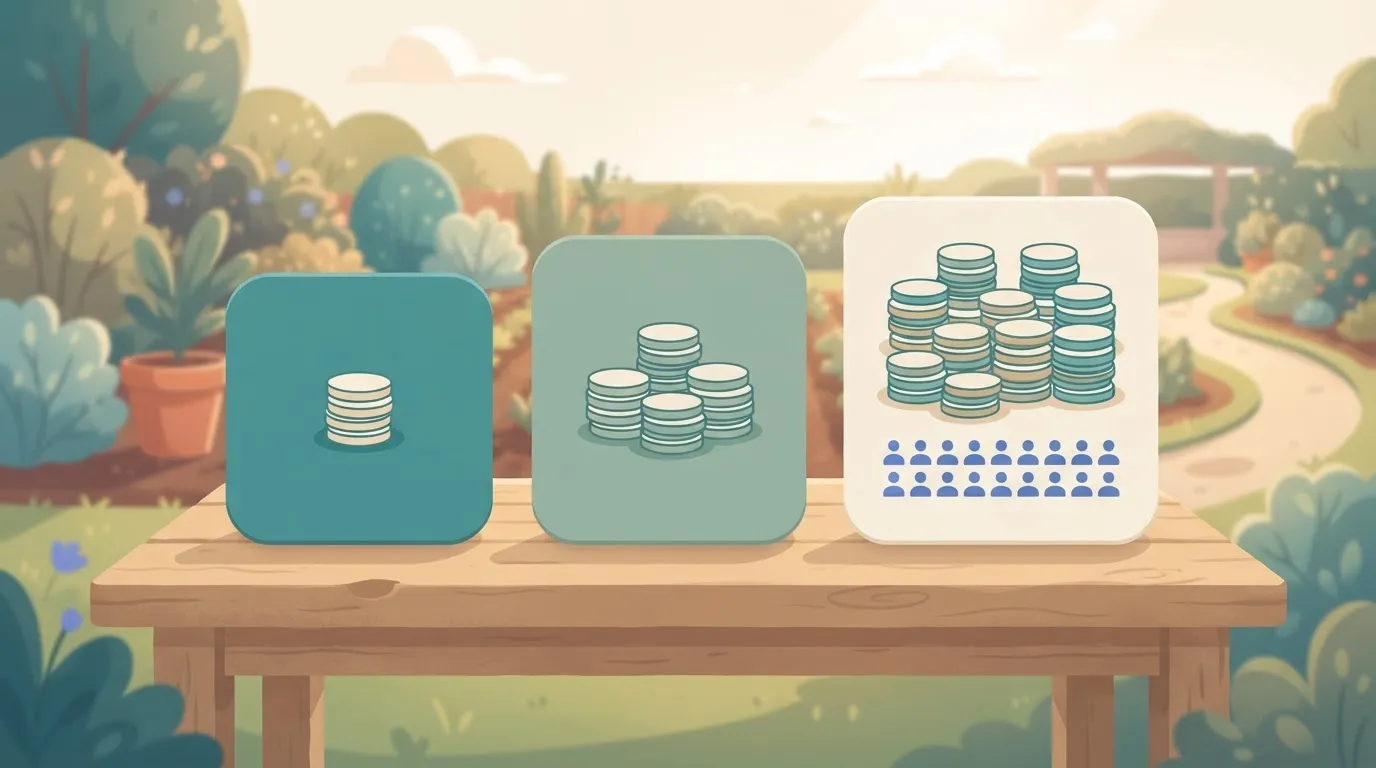 Three pricing cards side by side on a table: a small card with one coin stack, a medium card with a few stacks, a large…