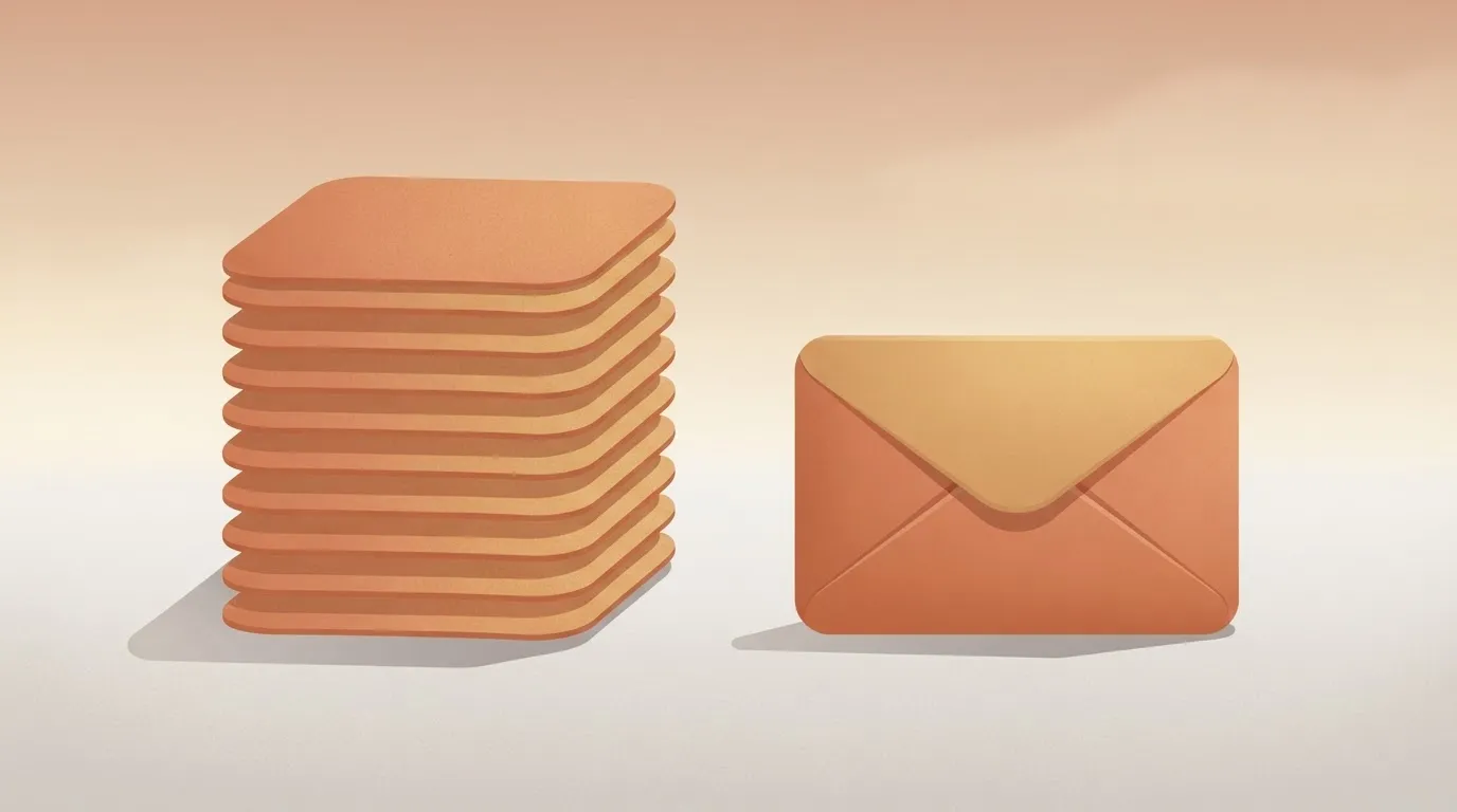A stack of 10 paper-like sheets representing records, positioned next to a single envelope representing a request.