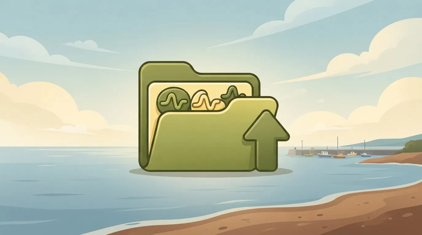 A digital folder representing a voice library containing several waveform icons, sitting next to a generic upload arrow icon.