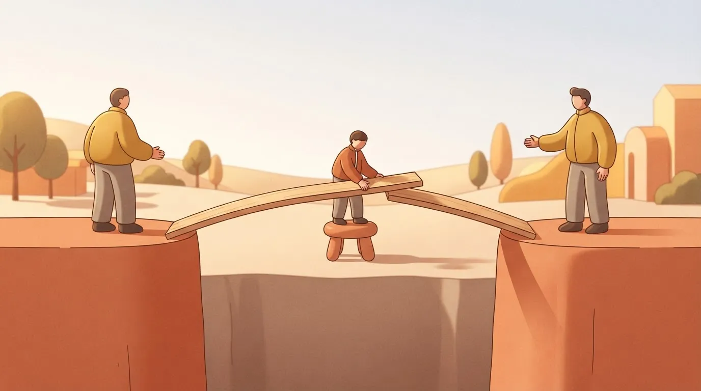 Two people are standing on separate, high platforms with a wide gap between them; they are unable to reach each other, but…