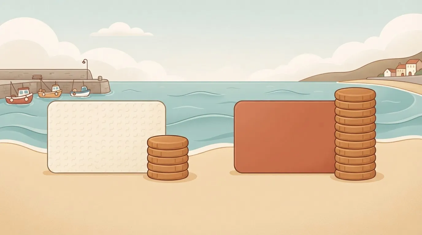 Two plain plan cards side by side, a Standard card and a Business card, each with a stack of credit tokens beside it, the…