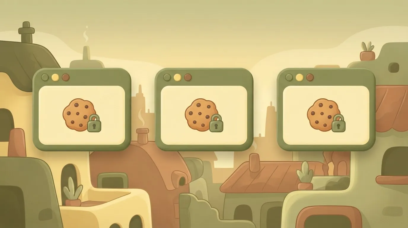 Paragraph 50: A row of three separate, identical browser windows, each containing a single cookie icon and a small padlock…