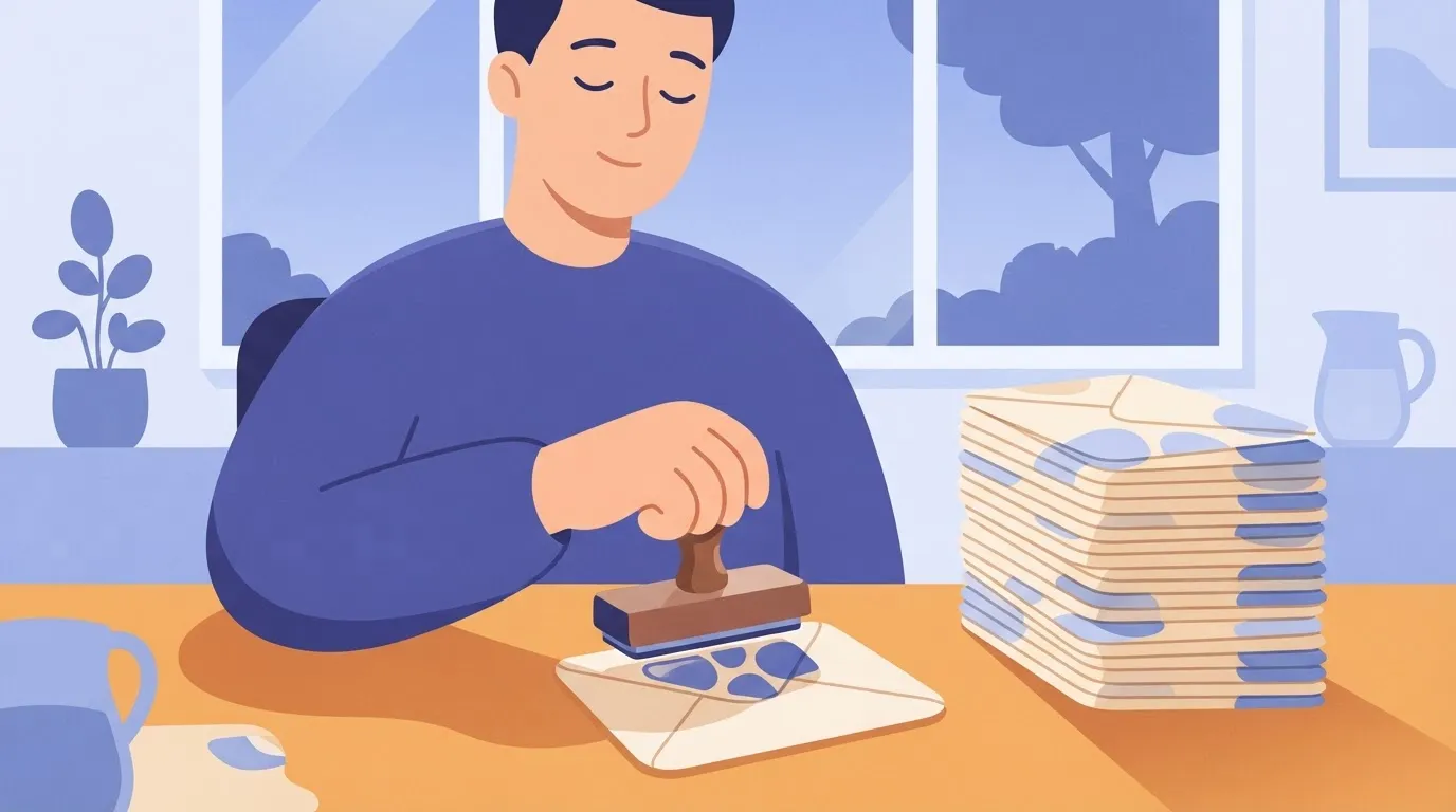 A person with closed eyes stamping a stack of sealed envelopes