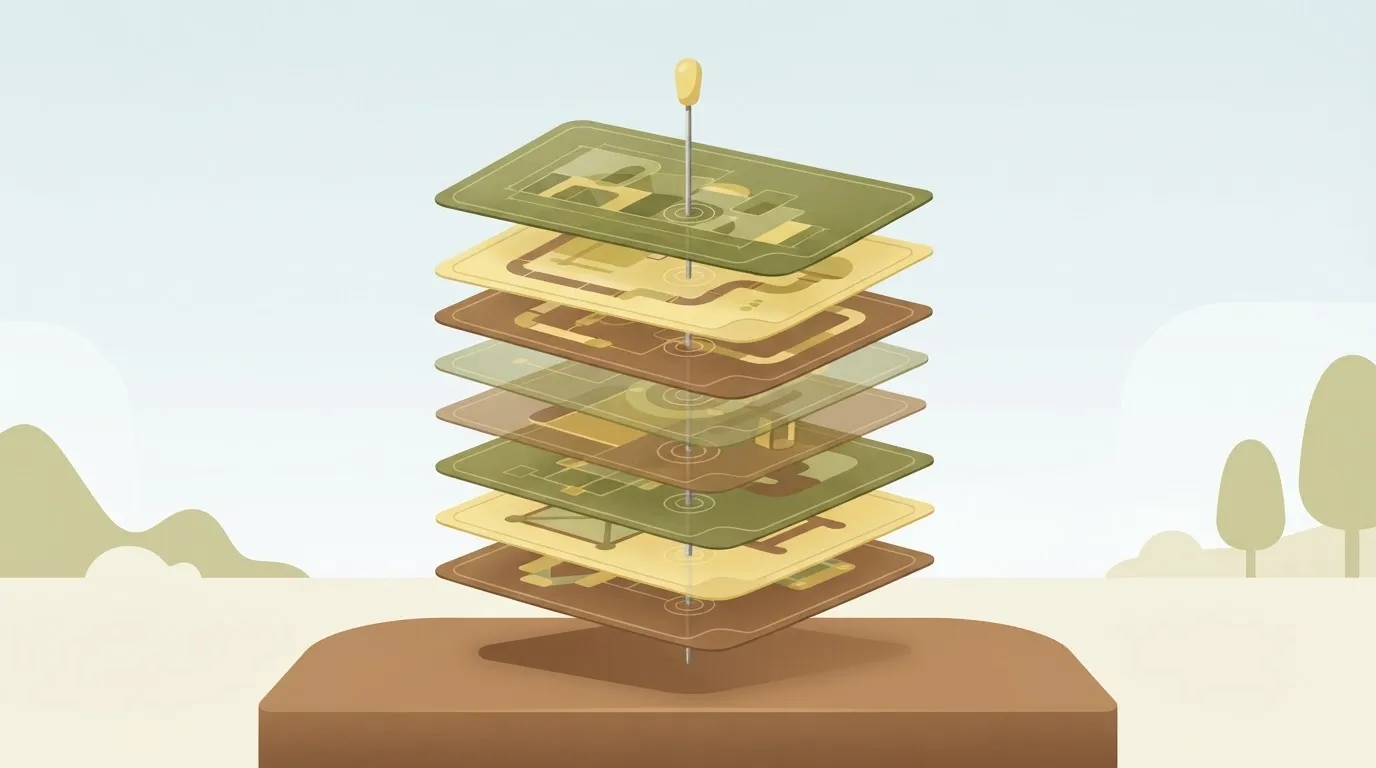 A series of translucent blueprints stacked vertically, with a single vertical needle piercing through the same specific…