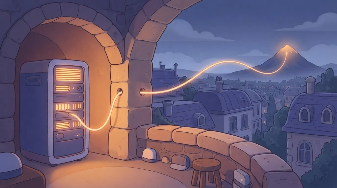 A server rack with glowing vents inside a thick stone room; a single, glowing fiber-optic cable runs through a small hole…