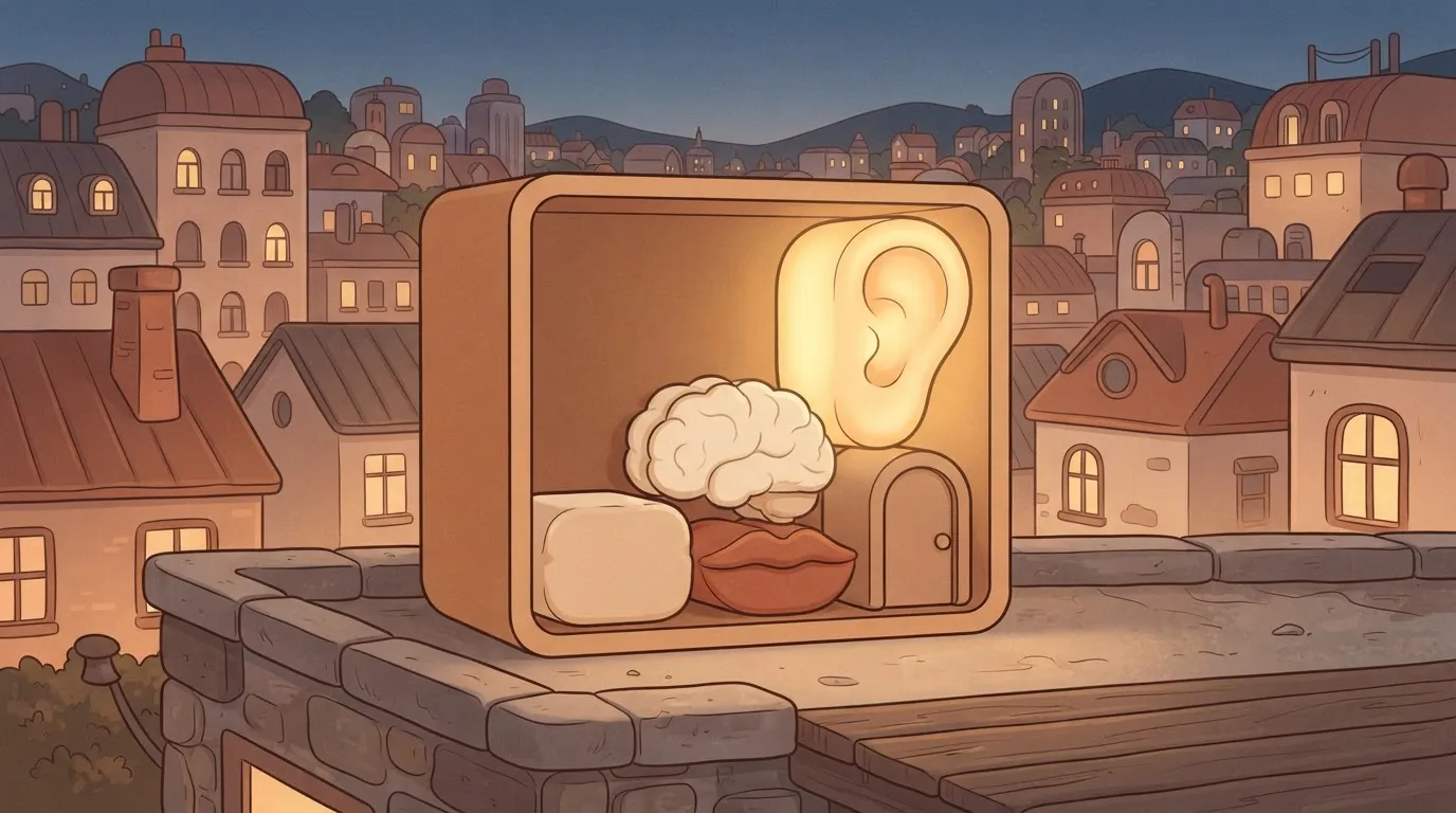 Small glowing ear block inside a larger box of unlit parts