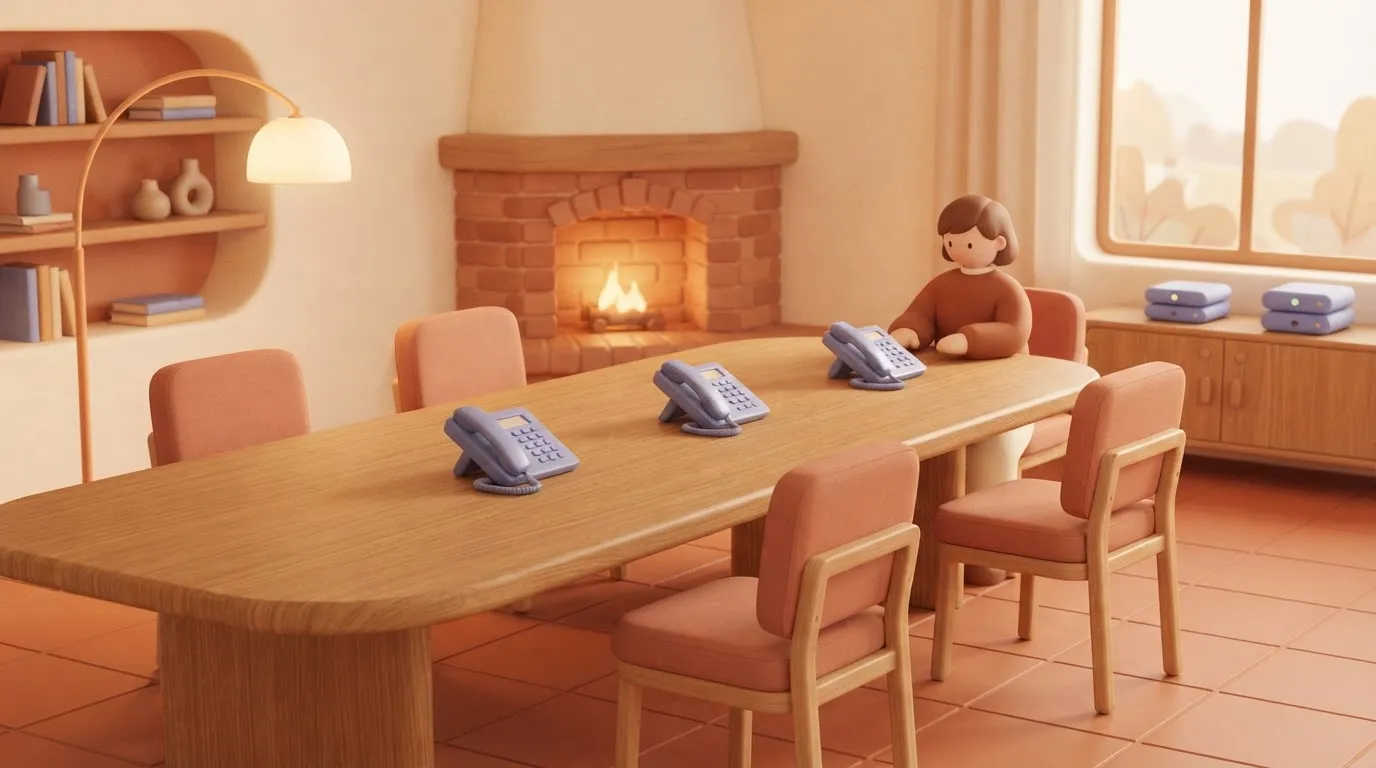 A solo founder sits at a long boardroom table with three identical chairs pulled up to it, but they are the only person in…