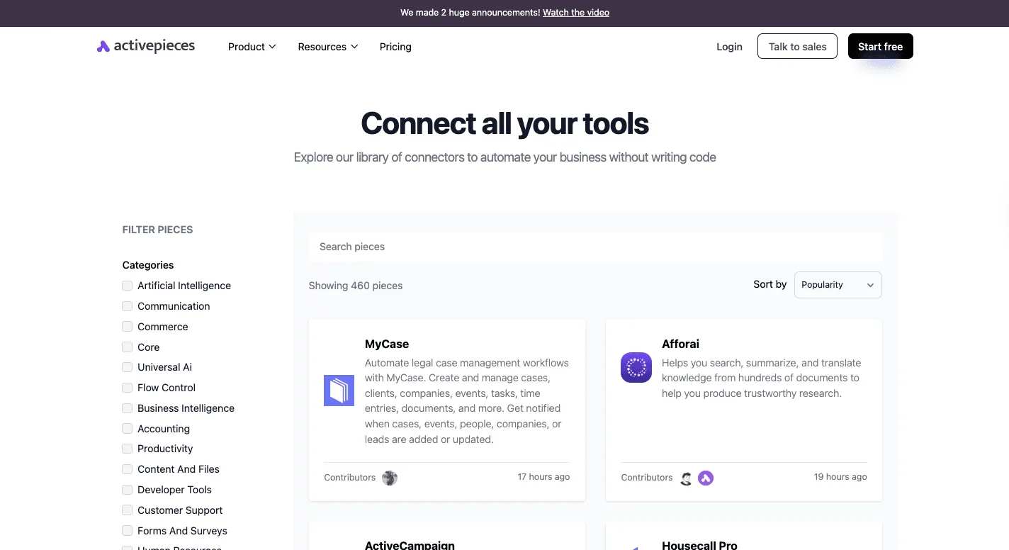 Activepieces connectors library page showing available integrations organized by category with search and filter options.