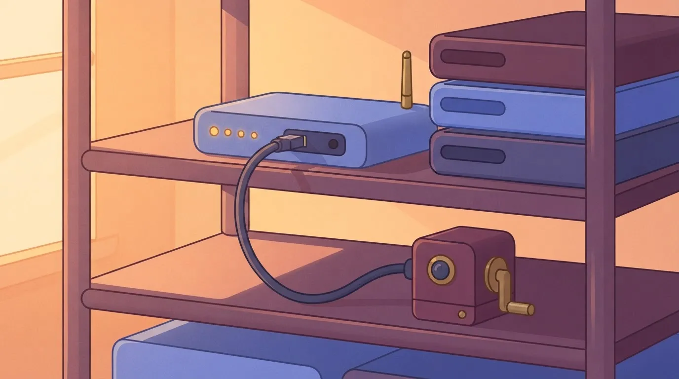 A terminal-to-web gateway device sits on a server rack shelf, with a physical cable connecting it to a nearby RPA bot…