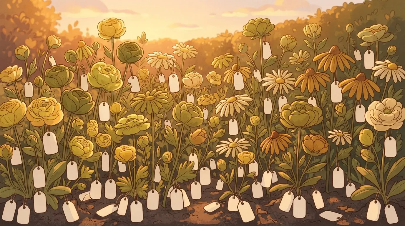 A garden where every blooming flower has a small price tag hanging from its stem.