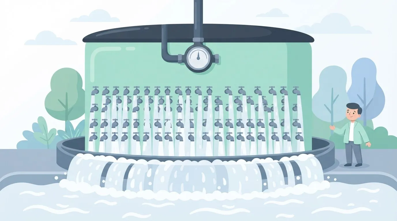 A large water tank with a single inlet pipe and a thousand outlet taps, all of which are running full blast, but the water…