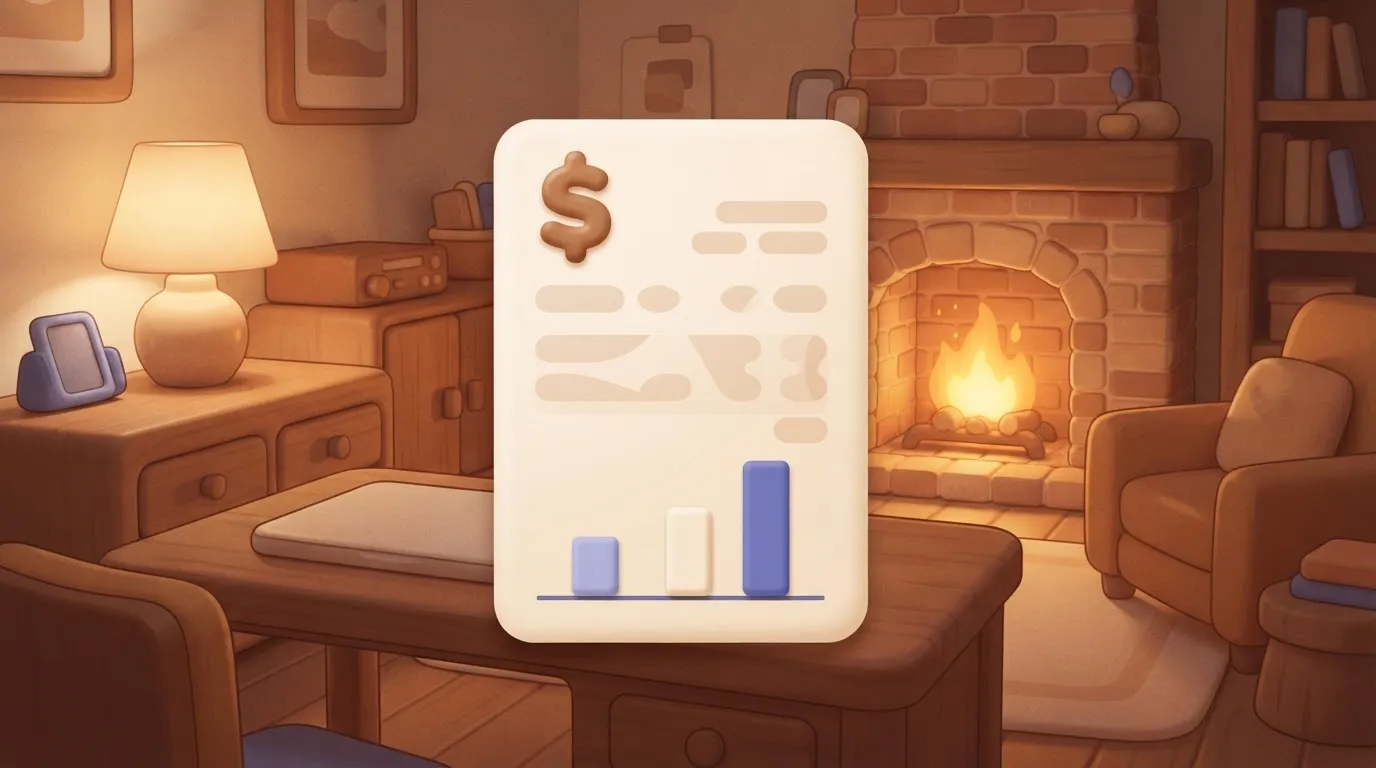 A rectangular invoice document with a bold dollar sign at the top and a simple bar chart at the bottom showing two bars of…