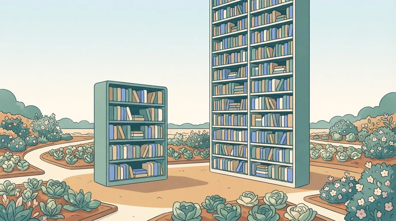 A standard bookshelf packed with books sitting next to a massive library shelf that stretches high out of the frame…
