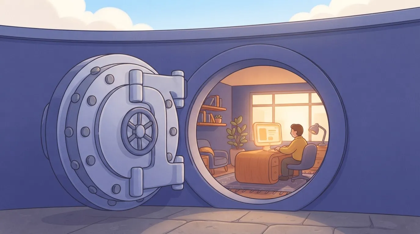 A heavy steel vault door standing open, revealing a cozy office setup inside with a desk and a glowing computer screen.