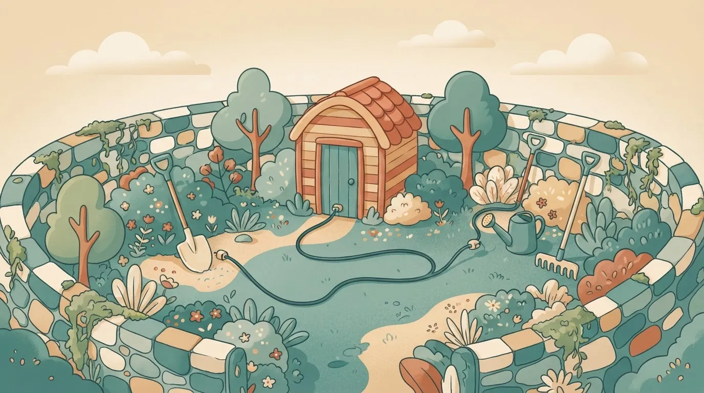 A high stone wall circles a lush garden; inside, all the tools—a shovel, a watering can, and a rake—are connected to a…