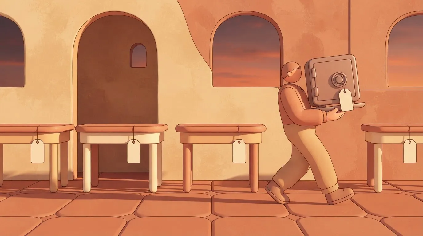 One tired platform worker carrying a heavy safe on a small tray past a row of desks, each with an identical small price…