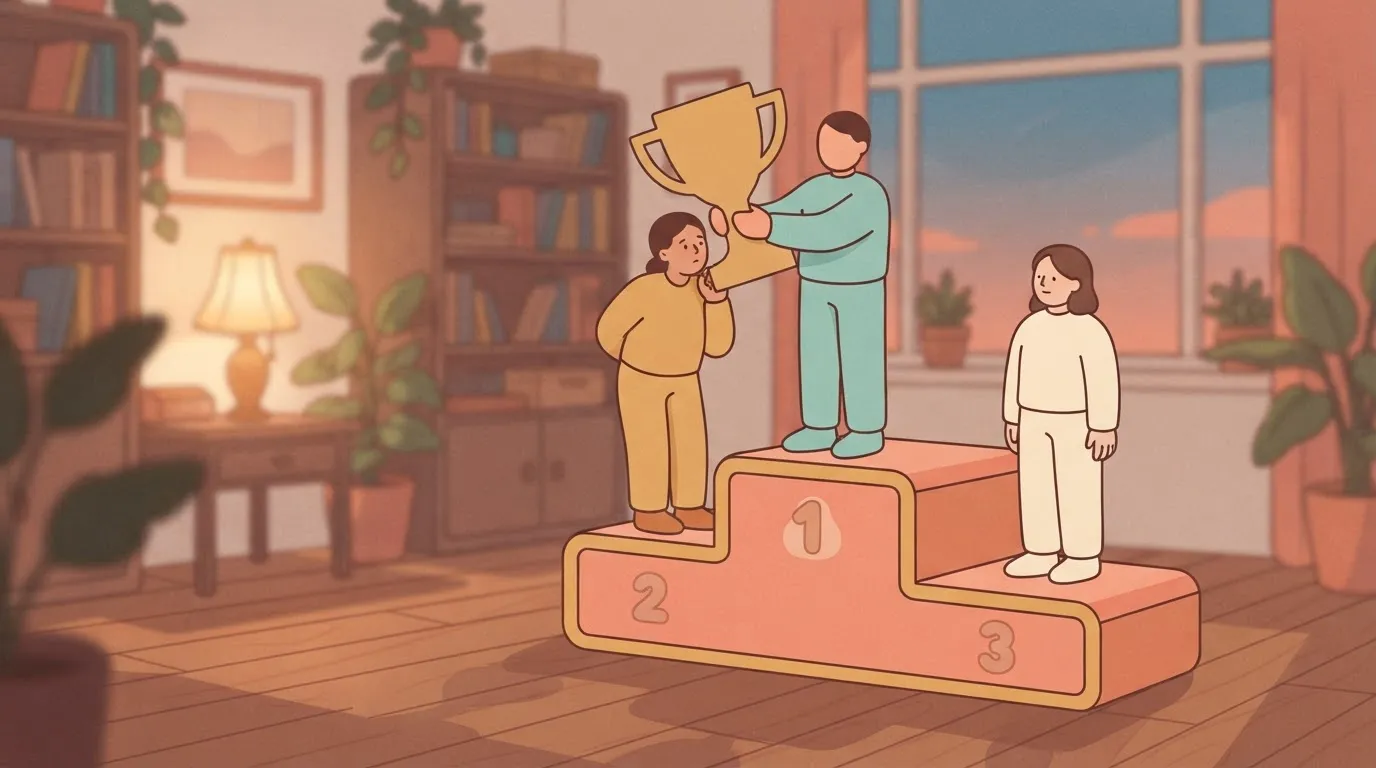 A podium where the first-place winner is holding a trophy, but the trophy is just a flat, two-dimensional cardboard cutout…