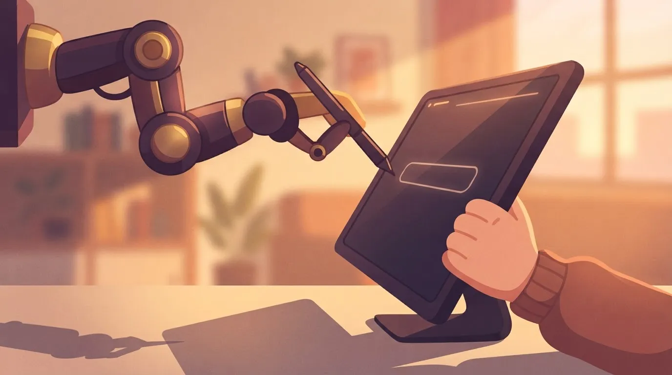 A mechanical robotic arm holding a pen, poised to write on a computer screen that is being slightly tilted by a human hand…