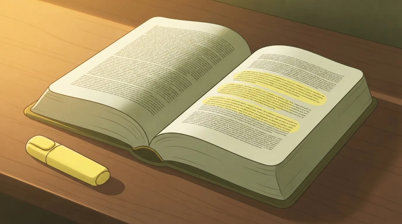 A thousand-page manual lying open on a desk, with three specific paragraphs highlighted in a bright color, while the rest…