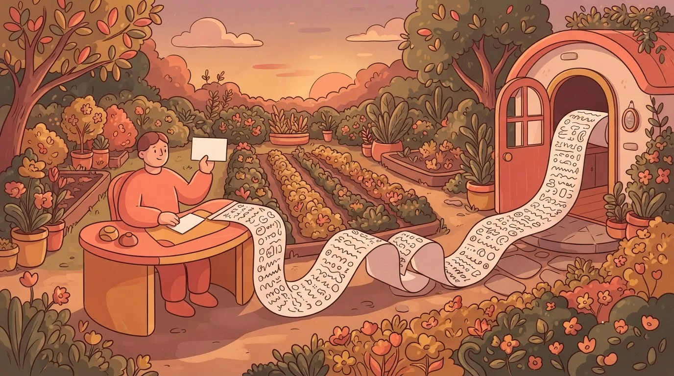 Tiny note card in hand, enormous scroll trailing behind